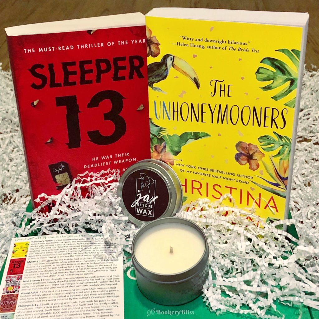 May 2019 My Book Box subscription, featuring "The Unhoneymooners" by Christina Lauren and "Sleeper 13" by Rob Sinclair. Teakwood candle by Jax Rescue Wax.
