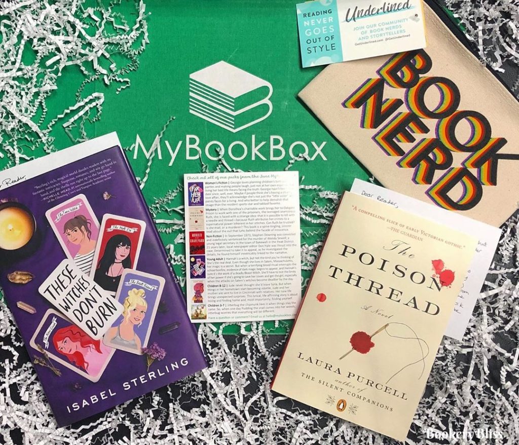 My Book Box for June 2019. Mystery book: "The Poison Thread" by Laura Purcell and "These Witches Don't Burn" by Isabel Sterling.